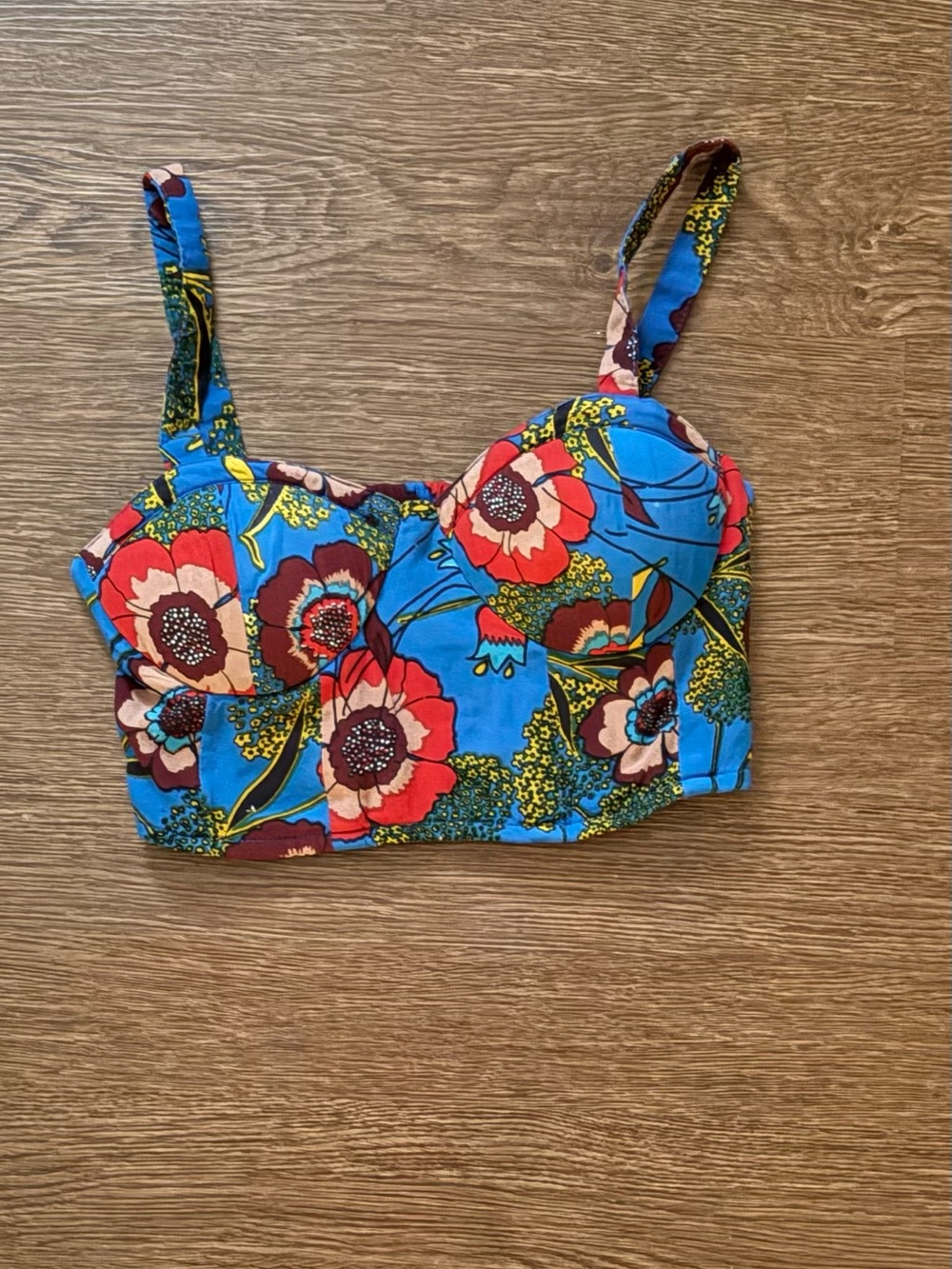Blue Floral Bustier Crop Top with Adjustable Straps